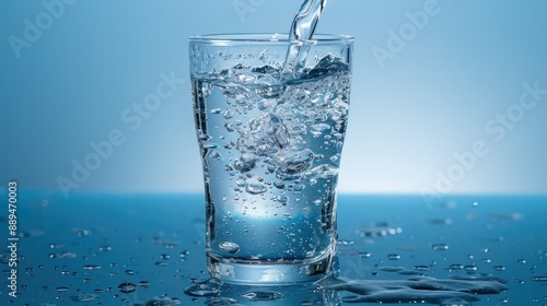 Pouring water into a glass on a blue background