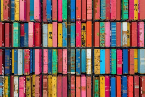 Wallpaper Mural vibrant array of shipping containers stacked in precise rows creating a colorful geometric pattern aerial view of bustling port showcasing global trade and logistics Torontodigital.ca