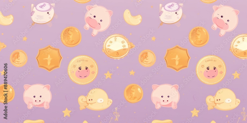 Playful Piggy Banks and Golden Coins Pattern for Children's Financial Education on Light Purple Background Playful Piggy Banks and Golden Coins Pattern for Children's Financial Education on Light Purple Background