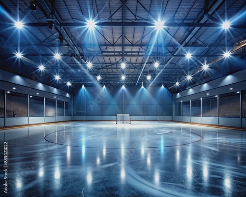 Empty indoor ice hockey rink with dark atmosphere illuminated by bright floodlights casting dramatic shadows on the freshly zamboni-traced ice surface. photo