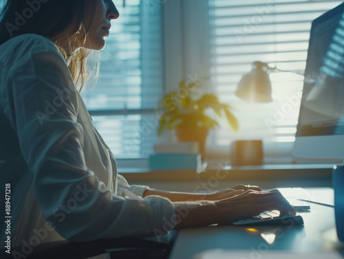 In a well-lit office, a close-up captures a woman typing on a computer, with ample isolated background for additional content photo