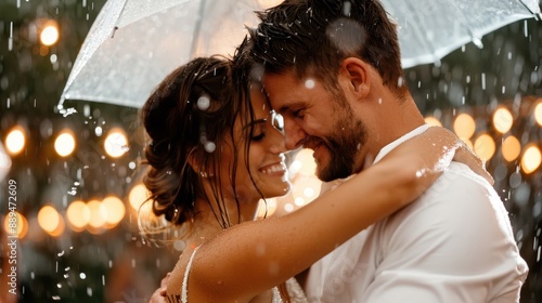 A couple embraces under a transparent umbrella in the rain, surrounded by warm fairy lights. The setting creates a feeling of romance and intimacy amidst the weather. photo