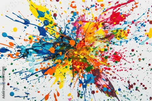 vibrant explosion of multicolored paint splatters frozen in midair against pristine white background creating dynamic abstract artwork