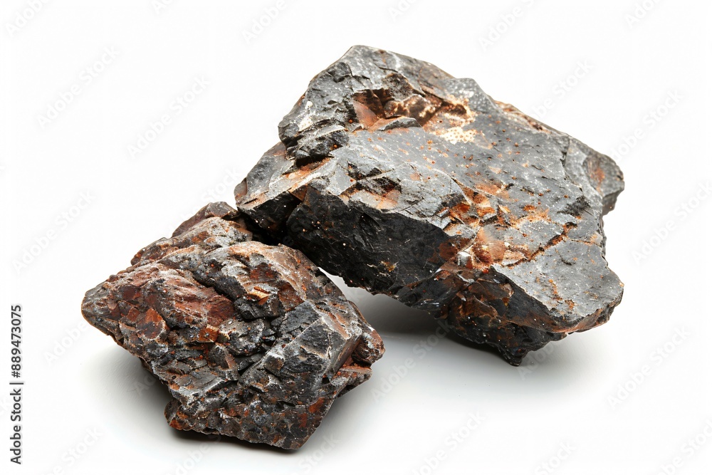 Two rough, gray and red hematite rocks sit on a white background Two rough, gray and red hematite rocks sit on a white background