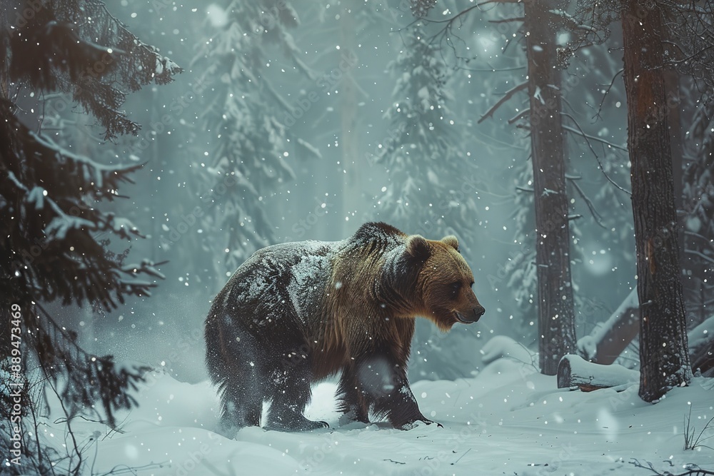 A Majestic grizzly bear walking in snowy forest generative A Majestic grizzly bear walking in snowy forest generative
