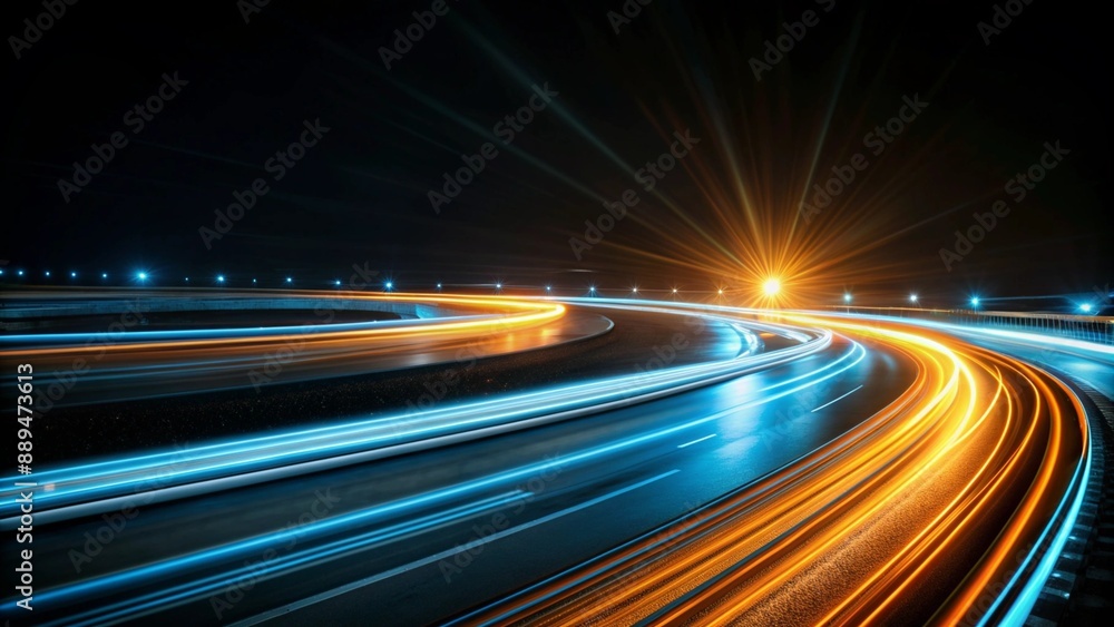 Light trails on highway at night, blue and orange streaks symbolizing energy and technology advancement,generative ai Light trails on highway at night, blue and orange streaks symbolizing energy and technology advancement,generative ai