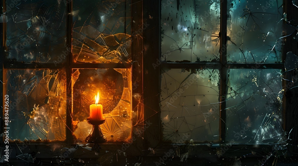 Broken Window with Candlelight: A broken window softly illuminated by ...