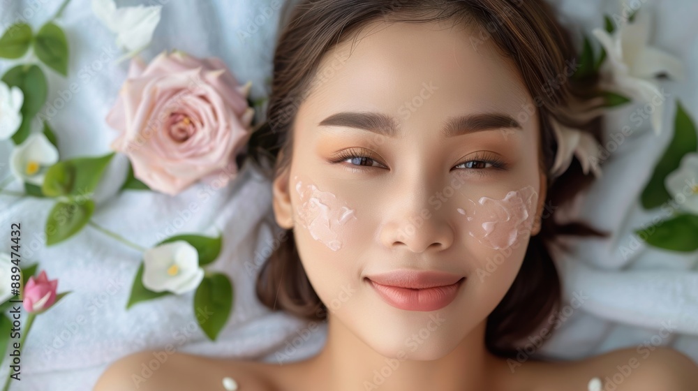 Serene Asian Woman Receiving Hydrating Facial Treatment, Skin Care Spa Session Serene Asian Woman Receiving Hydrating Facial Treatment, Skin Care Spa Session
