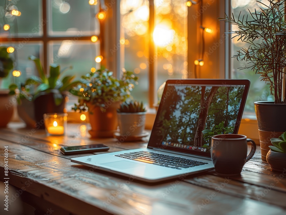 Dynamic Remote Workspace: Focused Remote Worker Typing on Laptop with Coffee in Bright, Organized Kitchen Setting Dynamic Remote Workspace: Focused Remote Worker Typing on Laptop with Coffee in Bright, Organized Kitchen Setting