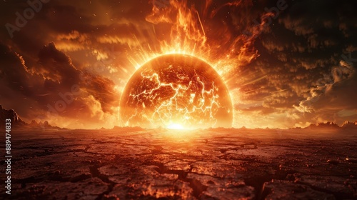 Dramatic depiction of a fiery, apocalyptic sunset over a barren, cracked landscape beneath a dark and ominous sky.