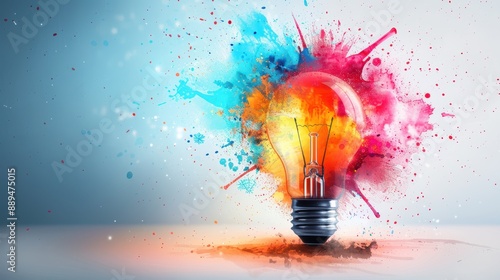 Creative explosion of colorful paint splashes around a light bulb, symbolizing innovation and inspiration. Vibrant concept art.