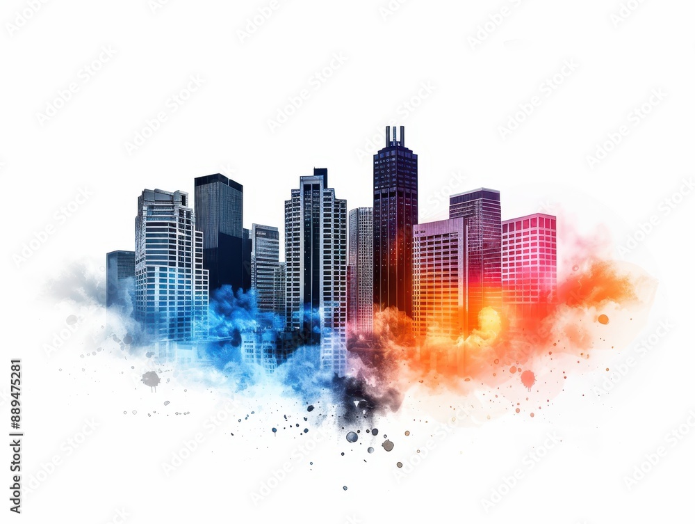Fototapeta premium Colorful digital art of a modern city skyline with splashes of paint, blending urban architecture and vibrant creativity.