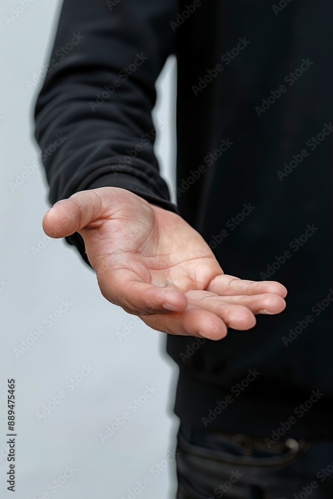 Fototapeta premium Man holding something in hand on white background
