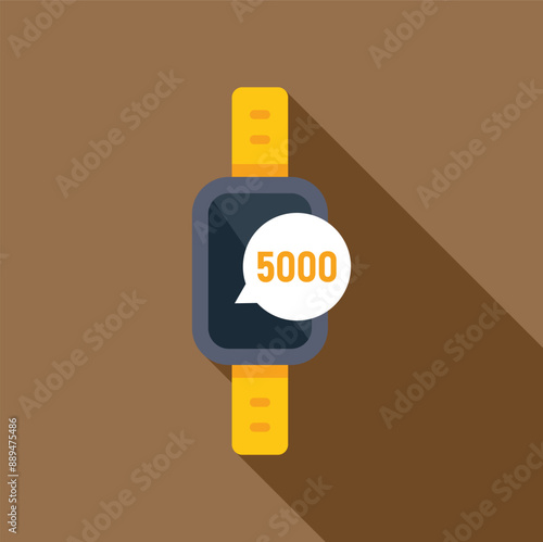 Smart watch showing 5000 steps on screen icon in flat style with long shadow on brown background
