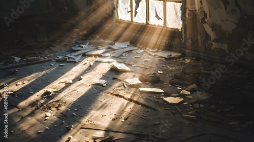 Broken Window with Sun Rays: Sun rays streaming through a broken window, casting dramatic shadows and highlights on the floor.
