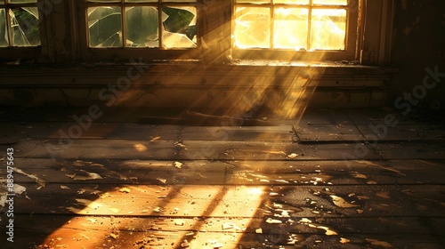 Broken Window with Sun Rays: Sun rays streaming through a broken window, casting dramatic shadows and highlights on the floor.
