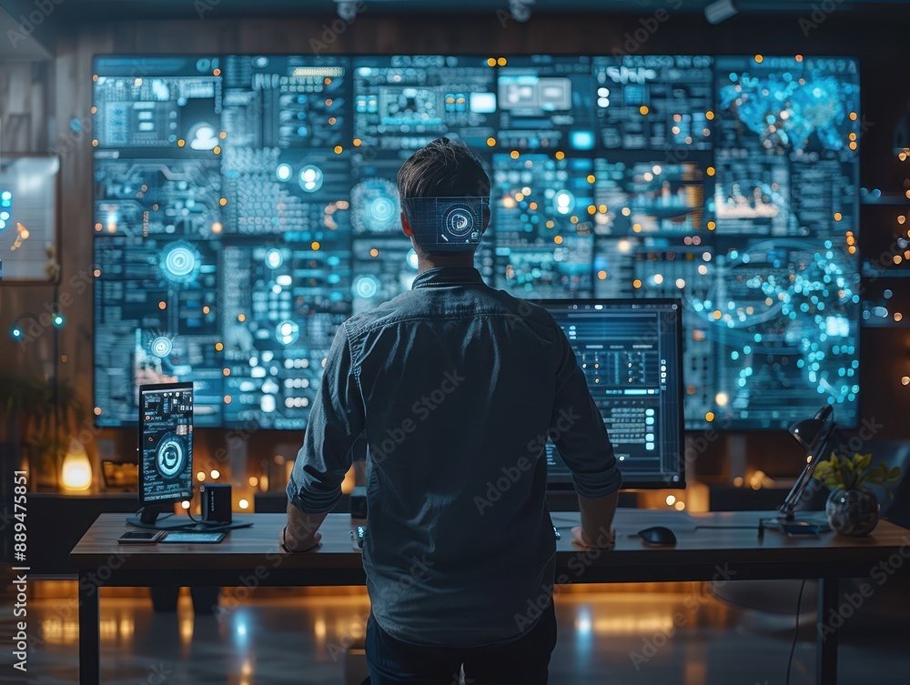 Digital Efficiency: Tech-Savvy Professional Boosting Productivity with Smart Devices and AI Assistants in Modern Office Environment Digital Efficiency: Tech-Savvy Professional Boosting Productivity with Smart Devices and AI Assistants in Modern Office Environment