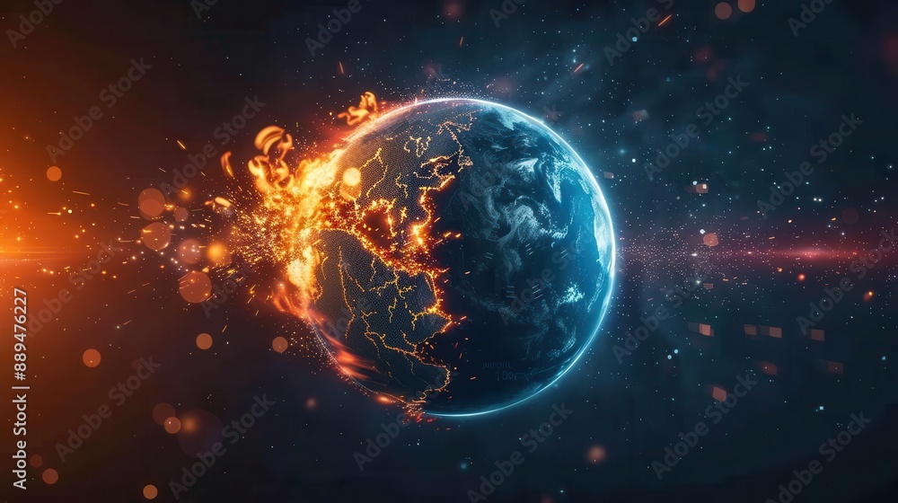 Vivid depiction of Earth engulfed in fiery flames on one side, signifying climate change or a world crisis against a dark cosmic background. Vivid depiction of Earth engulfed in fiery flames on one side, signifying climate change or a world crisis against a dark cosmic background.