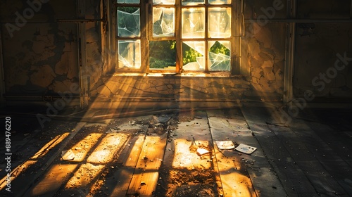 Broken Window with Sun Rays: Sun rays streaming through a broken window, casting dramatic shadows and highlights on the floor.
