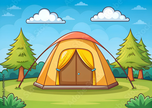 an orange tent stands in a clearing against the background of a forest