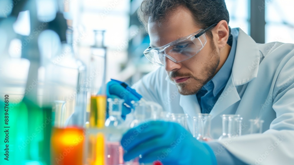 A chemist in a lab coat conducting an experiment in a laboratory A chemist in a lab coat conducting an experiment in a laboratory