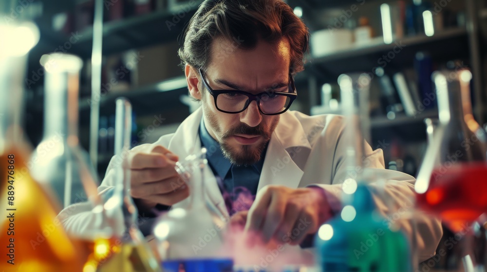A chemist in a lab coat conducting an experiment in a laboratory A chemist in a lab coat conducting an experiment in a laboratory