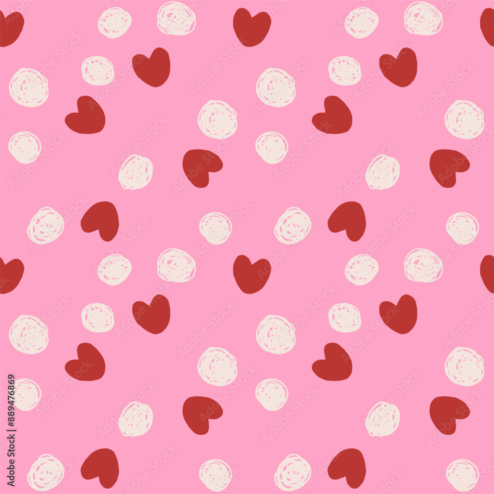 Hearts and dots seamless pattern on pink background. Love, wedding, romance, mother's day simple minimal background. Design for textile and paper. Hearts and dots seamless pattern on pink background. Love, wedding, romance, mother's day simple minimal background. Design for textile and paper.