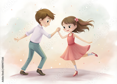 A girl in a pink dress and a boy dancing merrily