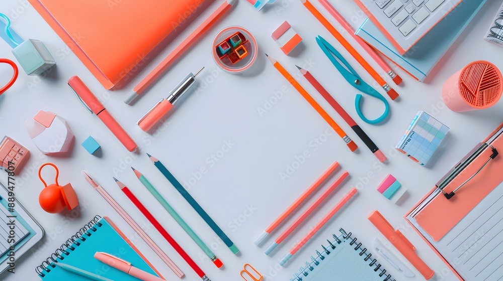 Office supplies organized on a white surface with negative space Office supplies organized on a white surface with negative space
