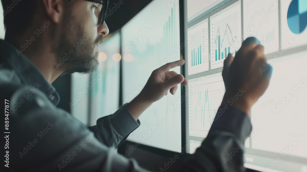 Consultant using visual aids like charts and graphs, informative and clear, left third copy space Consultant using visual aids like charts and graphs, informative and clear, left third copy space