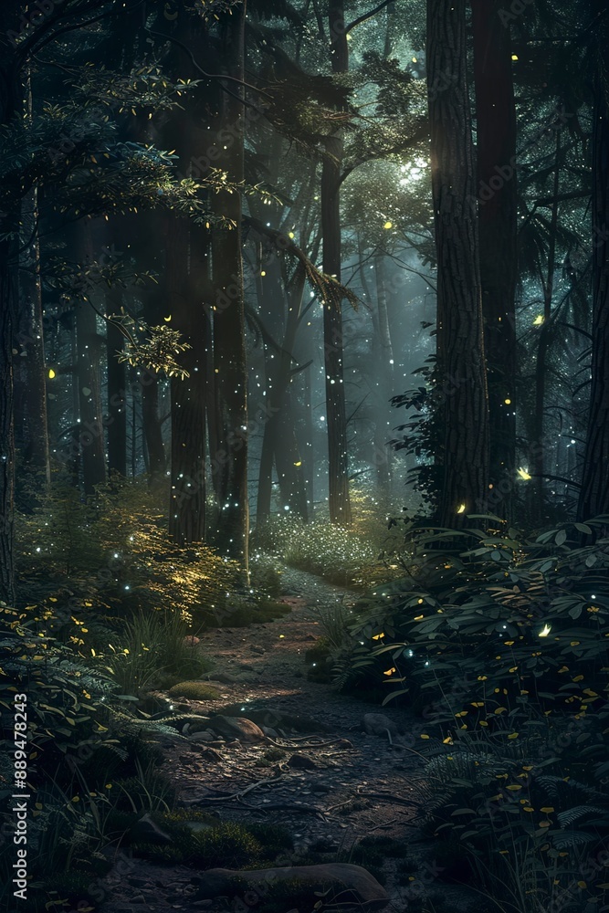 Fototapeta premium A Night illuminated the dark wood creating a tranquil