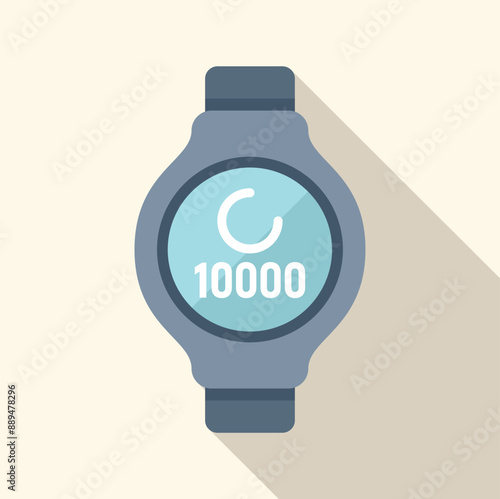 Smart watch showing 10000 steps on screen icon in flat style with long shadow