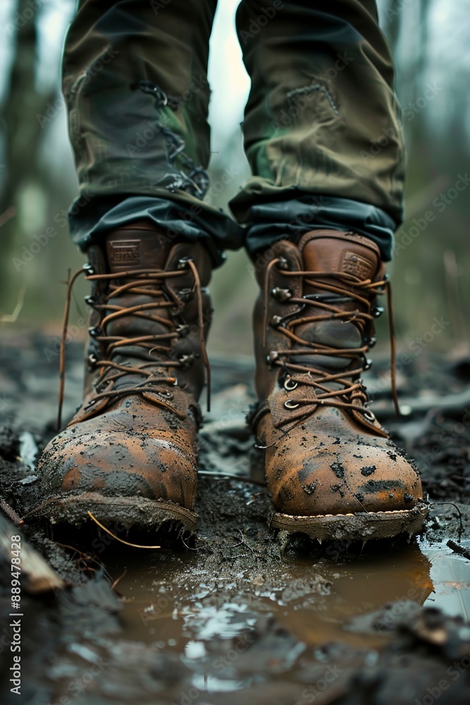 An Old leather hiking boots worn by men in muddy nature An Old leather hiking boots worn by men in muddy nature