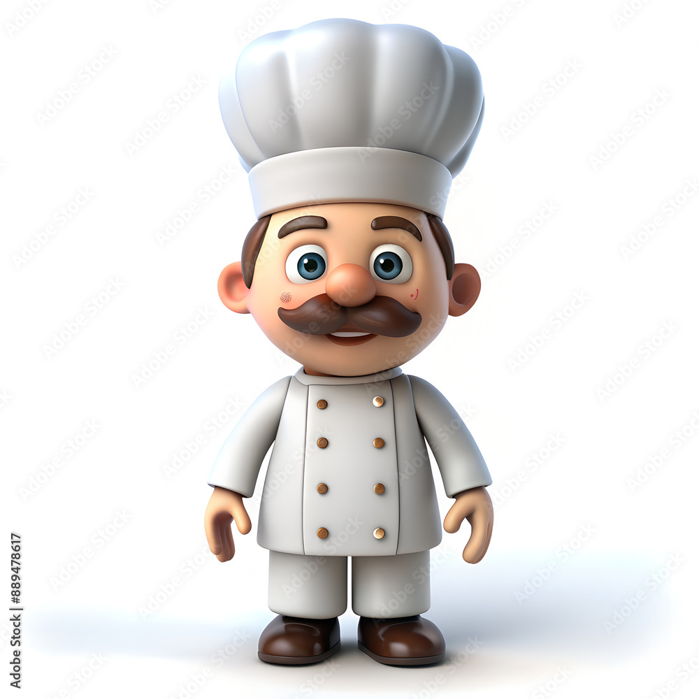 A man by profession is a chef with a mustache and a cap in 3D style on a white background. A man by profession is a chef with a mustache and a cap in 3D style on a white background.