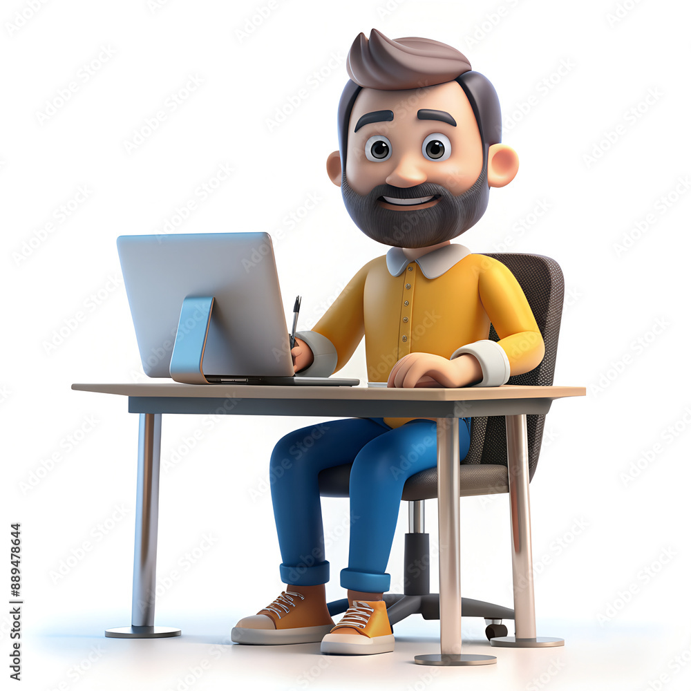 Freelancer man with beard, businessman sitting at table with laptop in 3D style on white background Freelancer man with beard, businessman sitting at table with laptop in 3D style on white background