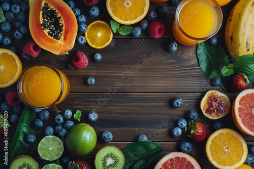 Fototapeta Naklejka Na Ścianę i Meble -  Orange juice and fresh fruits on wooden table flat lay