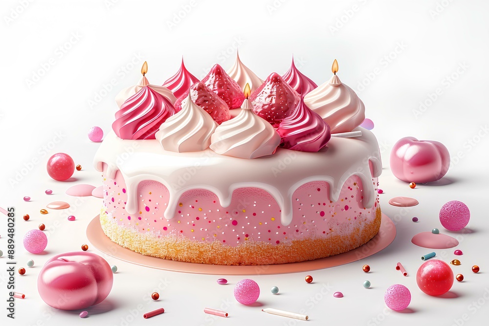 A birthday cake with pink icing and sprinkles A birthday cake with pink icing and sprinkles