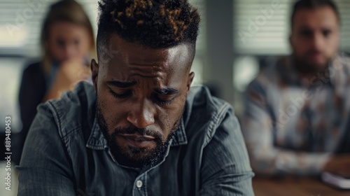 Person with sad expression, looking down, while his colleagues discuss in a meeting room. generative ai