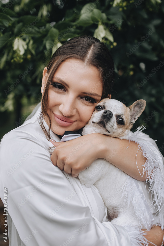 A beautiful, young, happy, smiling bride in white lingerie in the morning hugs, kisses her friend a chihuahua dog with a bow tie outdoors. Wedding photography, portrait. A beautiful, young, happy, smiling bride in white lingerie in the morning hugs, kisses her friend a chihuahua dog with a bow tie outdoors. Wedding photography, portrait.