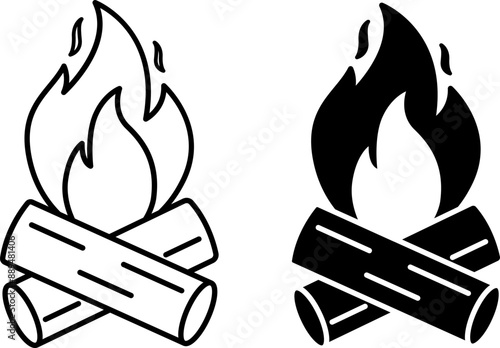 Campfire icons. Black and White Vector Tourist Campfire Icons. Fire and Brushwood. Camping Concept