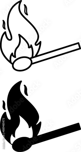 Icons Match. Black and White Vector Icons of Burning Match. Danger Symbol and Flammable Object. Camping and Tourism Concept