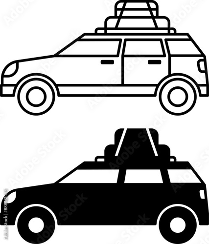 Road Trip Icons. Black and White Vector Icons of Cars with Travel Bags. Car Travel. Camping and Tourism Concept