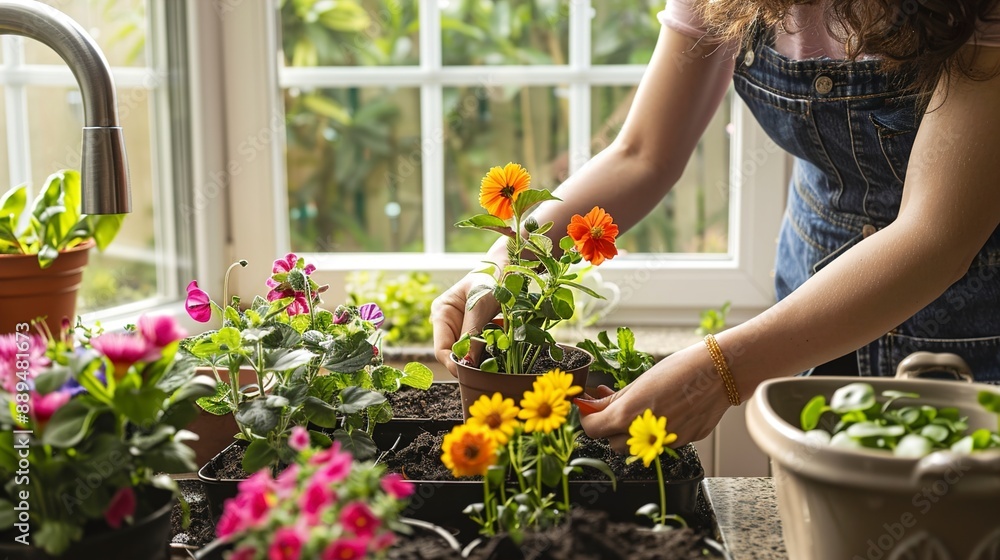 Planting home plants indoors. Hands of a young woman Planting home plants indoors. Hands of a young woman
