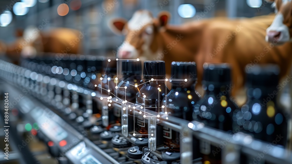 Fototapeta premium A modern and technologically advanced dairy farm featuring cows with ear tags being milked by an automated milking system.