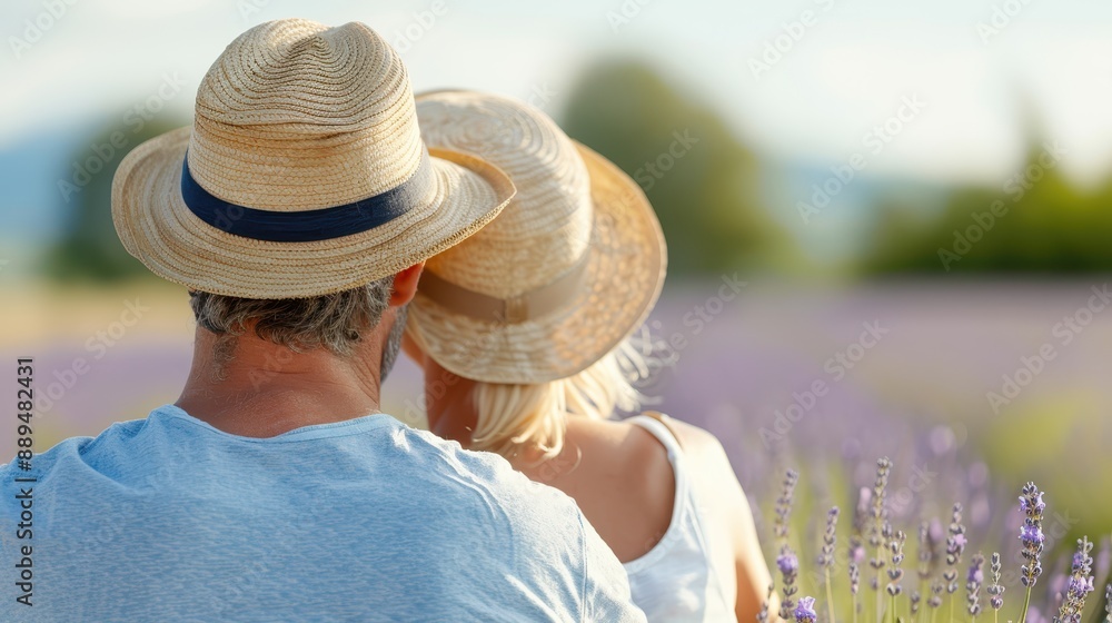 Fototapeta premium A couple wearing casual attire and straw hats is seen embracing each other while sitting in a blooming lavender field, representing love, tranquility, and romanticism.