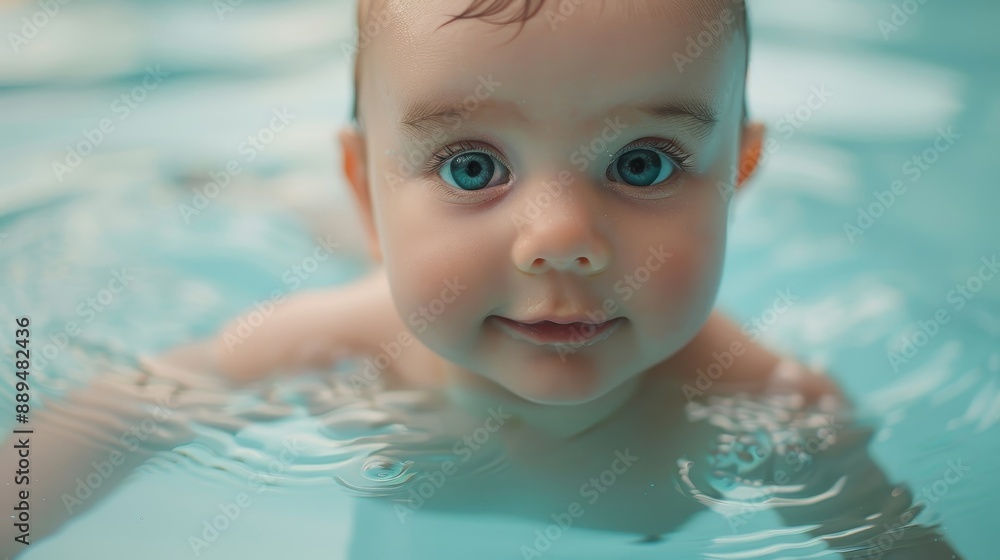 Adorable baby with big blue eyes, happily enjoying a swim in a pool, surrounded by soothing blue water. Close-up shot captures innocence. Adorable baby with big blue eyes, happily enjoying a swim in a pool, surrounded by soothing blue water. Close-up shot captures innocence.