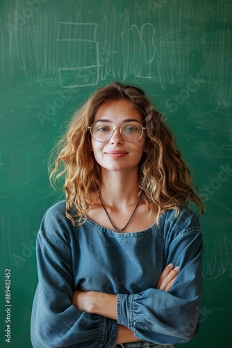 Portrait of emotional teacher with chalk on green background