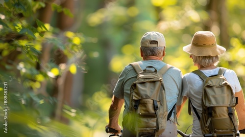 Wallpaper Mural A senior couple is seen enjoying a leisurely bike ride through a serene and lush green forest trail, showcasing the beauty of nature and the joy of outdoor activities for older adults. Torontodigital.ca