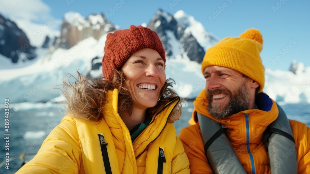 Smiling couple in bright ski jackets and beanies pose happily together against a backdrop of towering snow-capped mountain peaks, indicating a picturesque and cold setting. Smiling couple in bright ski jackets and beanies pose happily together against a backdrop of towering snow-capped mountain peaks, indicating a picturesque and cold setting.
