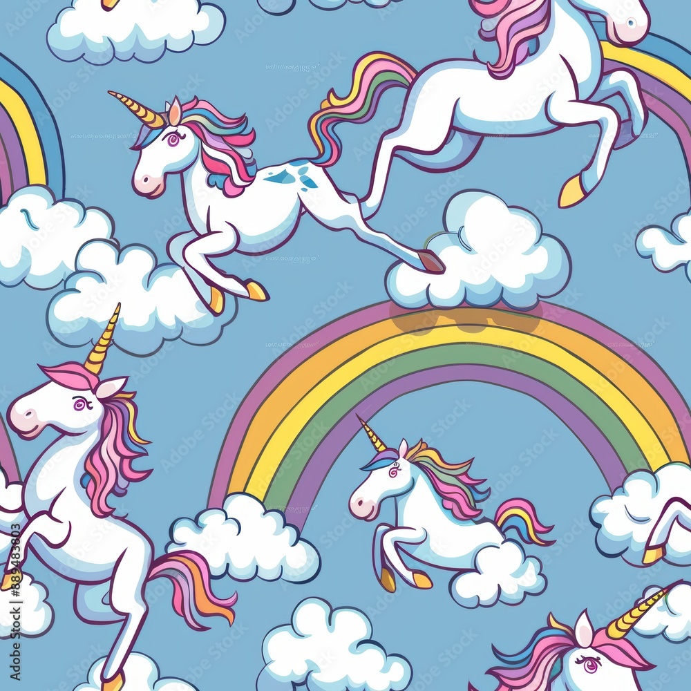 Obraz premium Vibrant Rainbows and Magical Unicorns Dancing Joyfully in the Fluffy Clouds